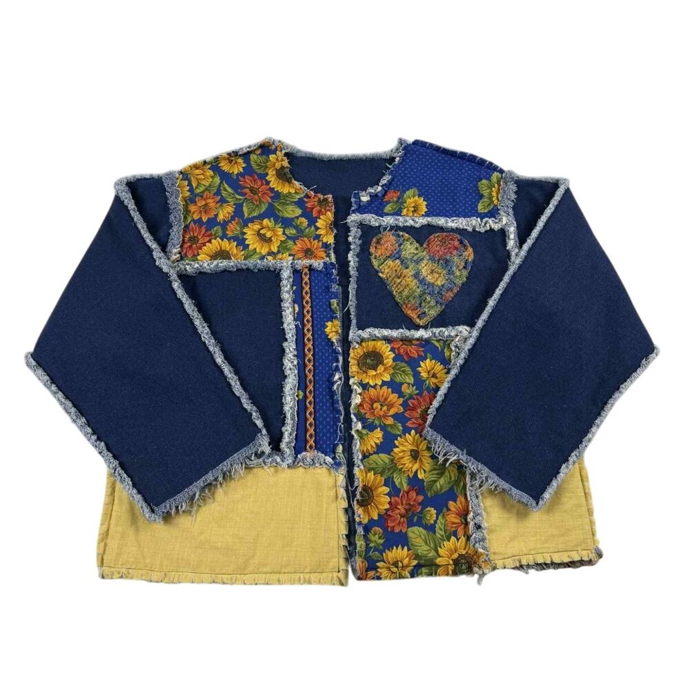 Vintage Quilt Patchwork Floral Denim Handmade Reversible Jacket Fits like XL